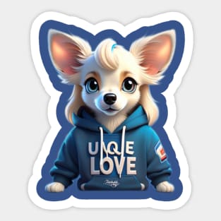 Lovebug in Blue: Adorable White Long-Haired Chihuahua Rocking a Cozy Hoodie Sticker